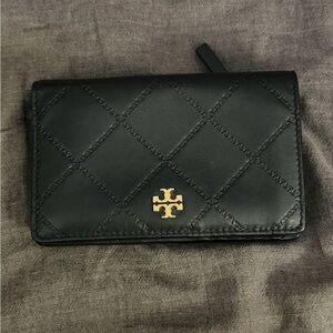 Tory Burch Black Quilted Leather Compact Wallet with Gold Logo
